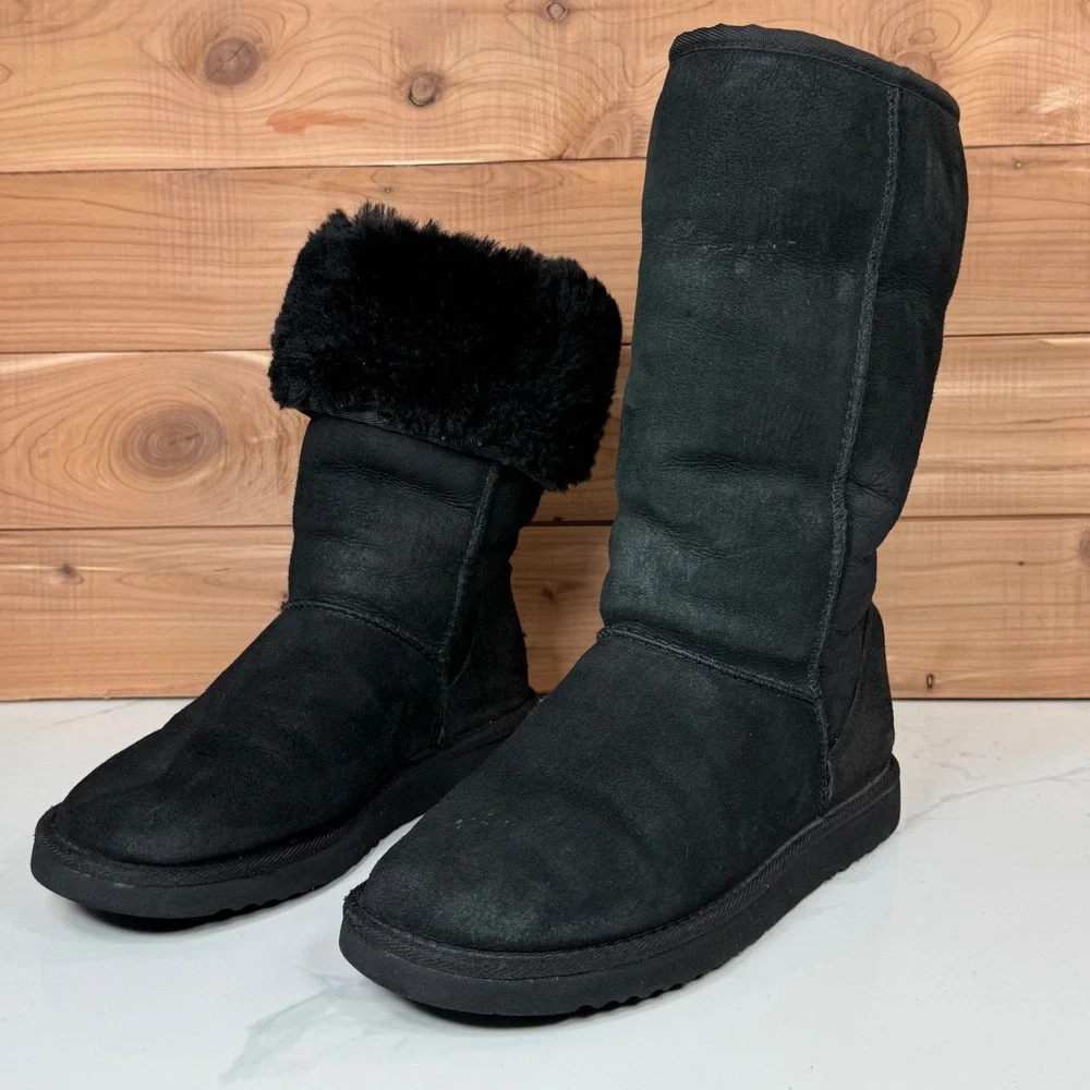 Black UGG Australia Tall Boots Sheepskin Fur Lined Fold‎ Over Cuff Women's 7